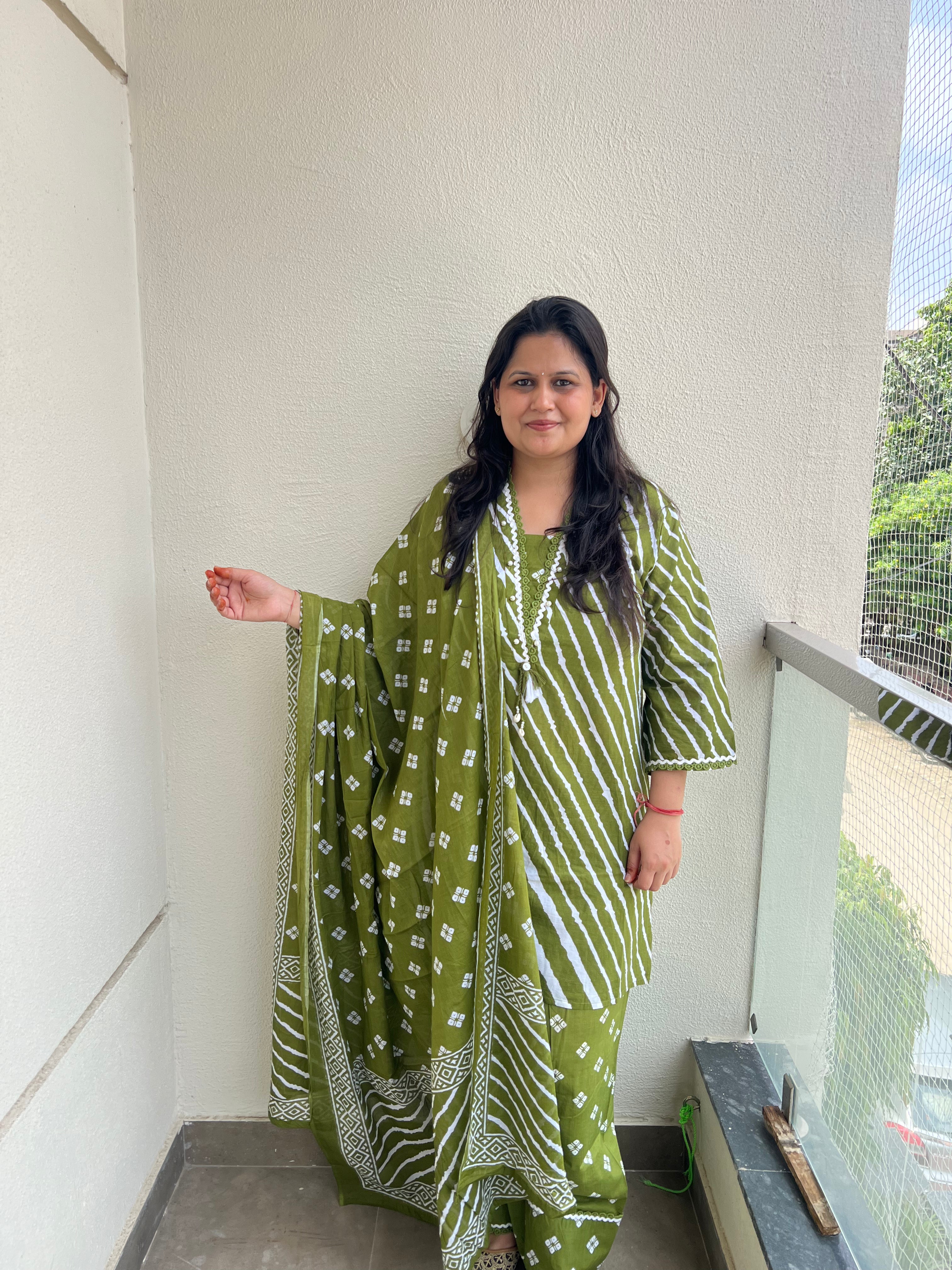 Green Printed Cotton Suit Set with Farshi Salwar