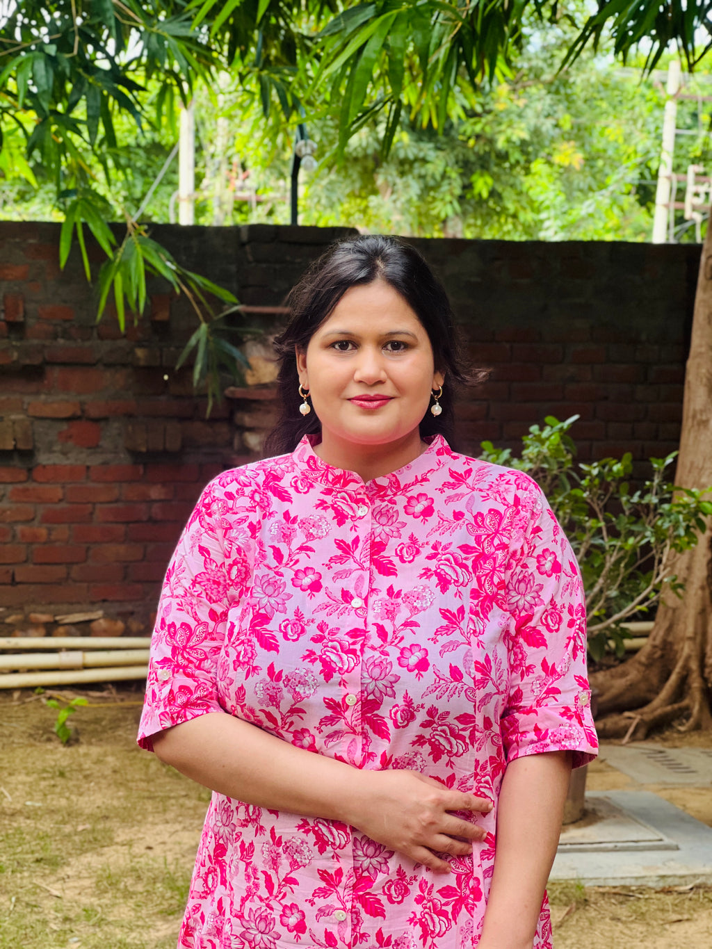 Pink Printed Cotton A-Line Kurta