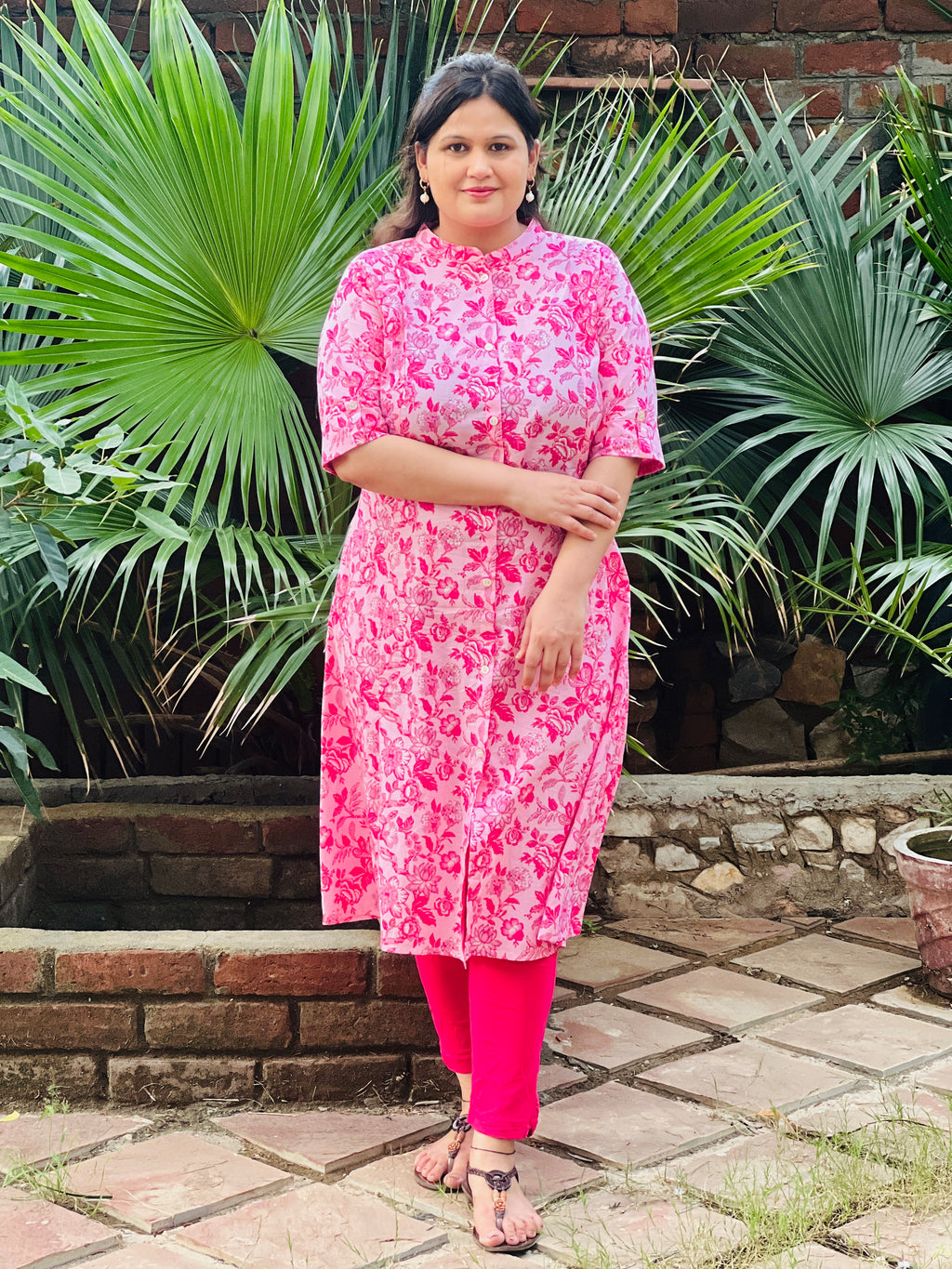 Pink Printed Cotton A-Line Kurta