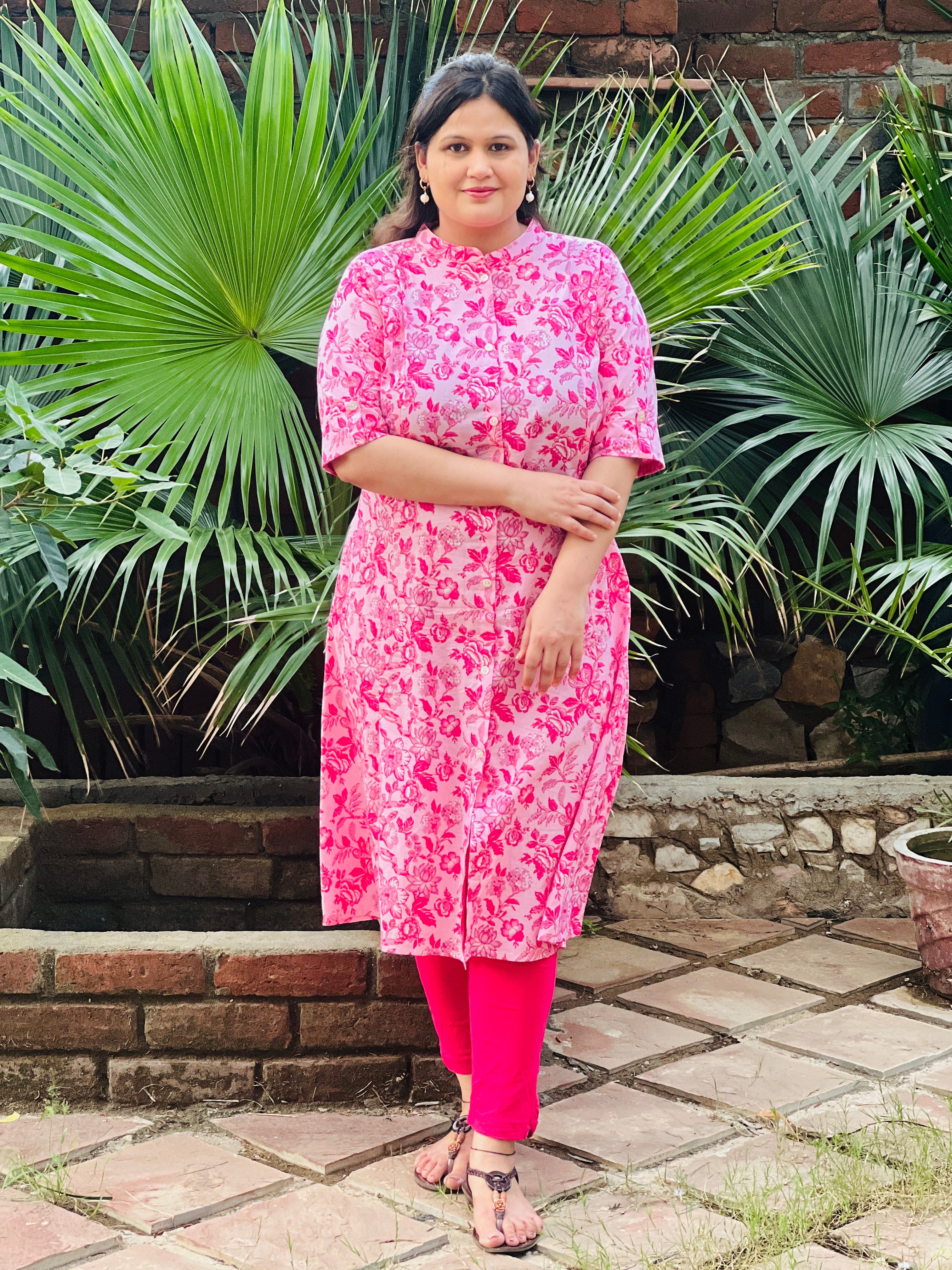 Pink Printed Cotton A-Line Kurta