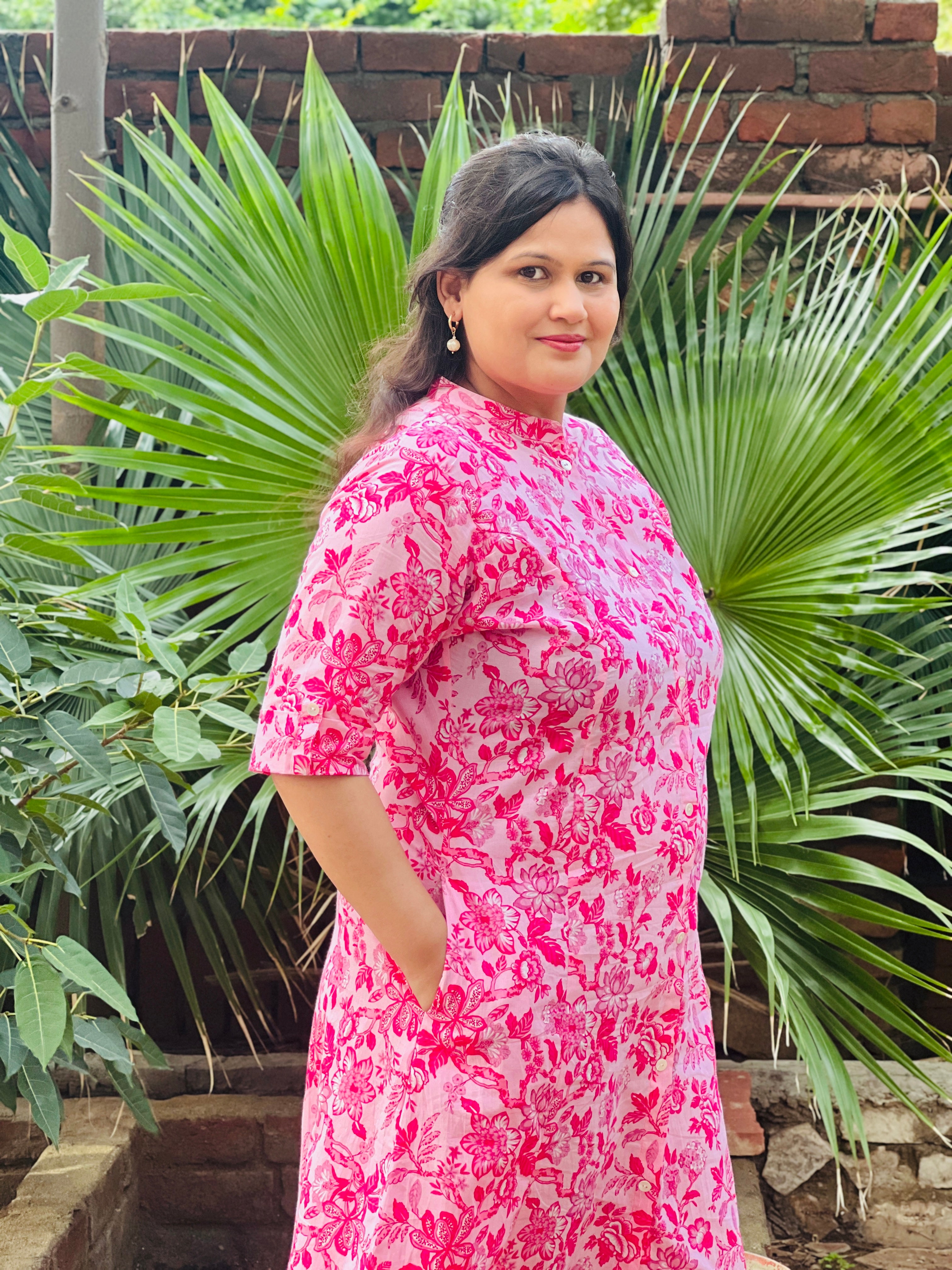 Pink Printed Cotton A-Line Kurta