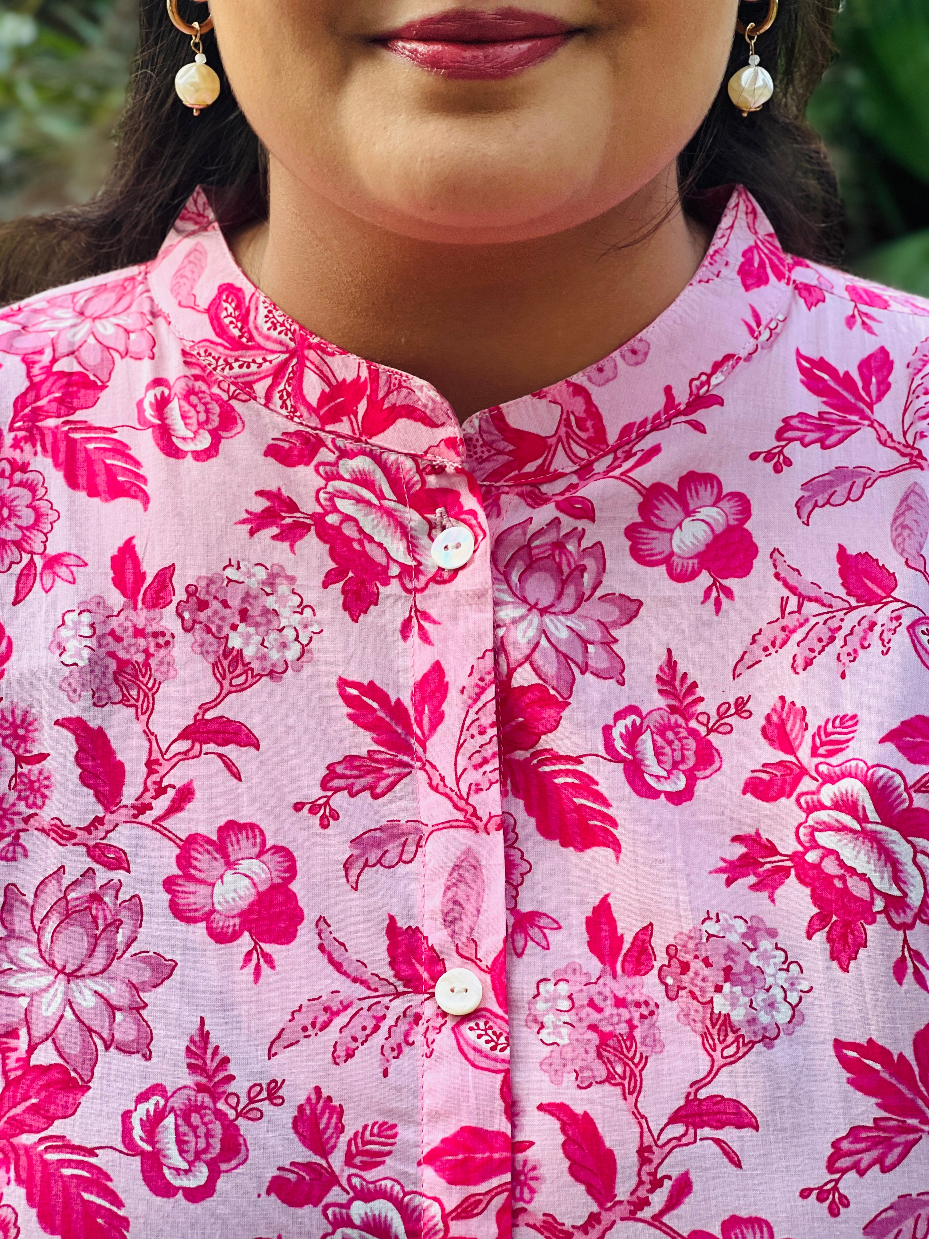 Pink Printed Cotton A-Line Kurta