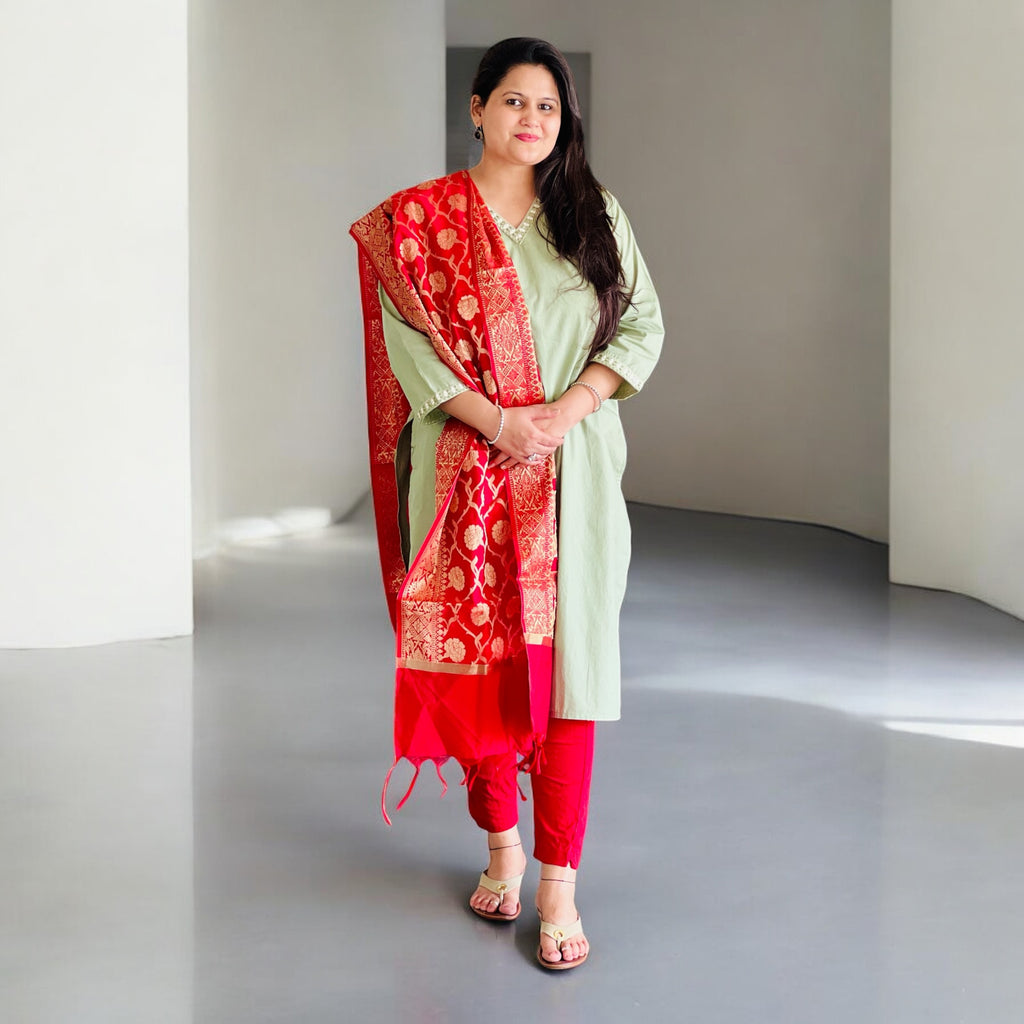 Sage Premium Cotton V- Neck Kurta with Lace