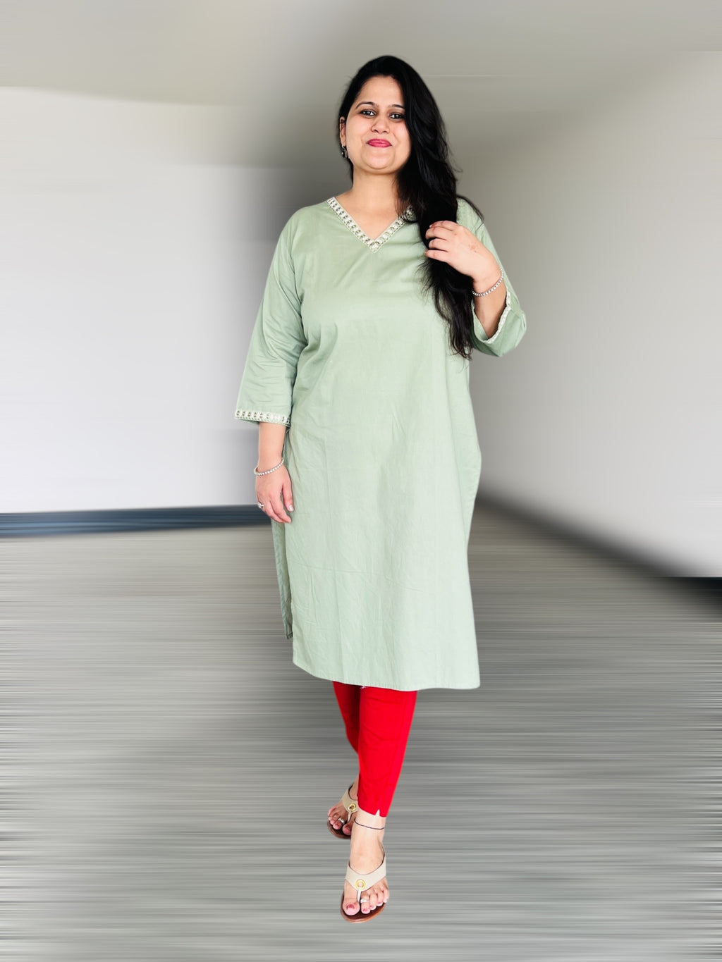 Sage Premium Cotton V- Neck Kurta with Lace