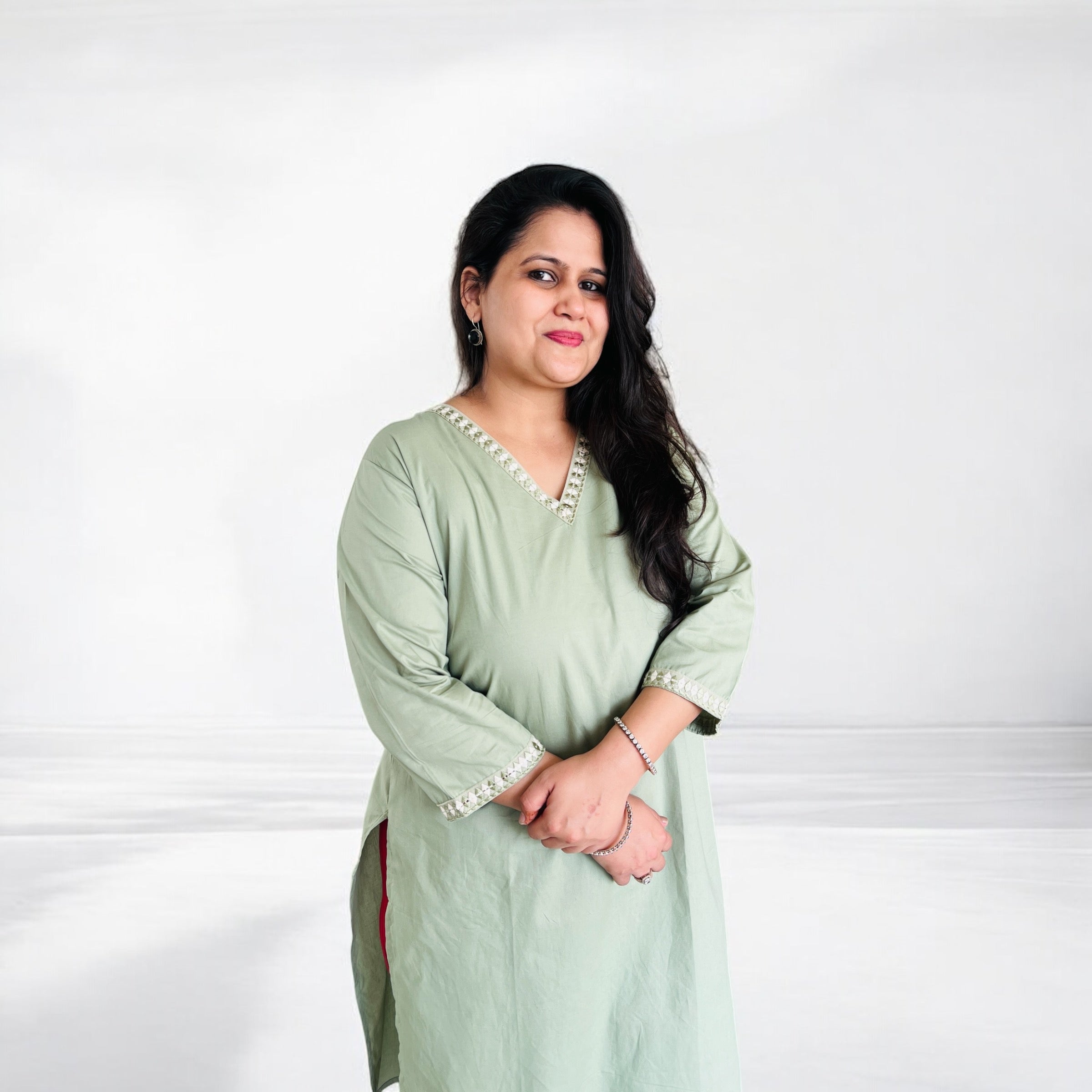 Sage Premium Cotton V- Neck Kurta with Lace