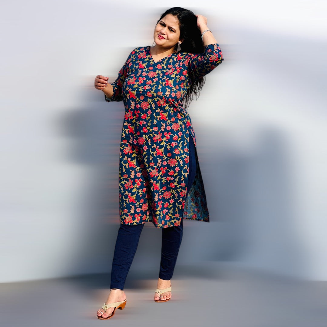 Blue V- Neck Printed Kurta