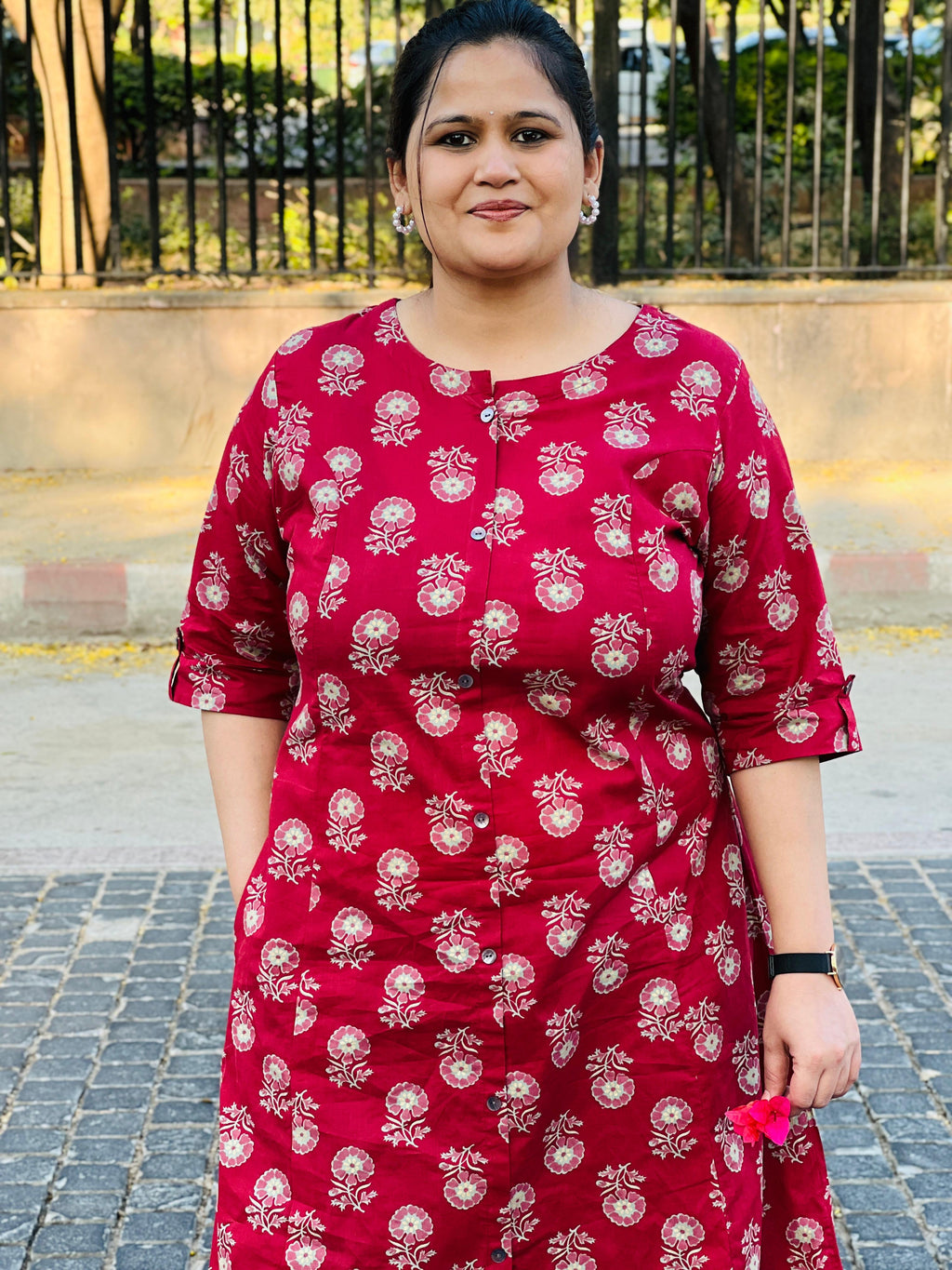 Red Printed Cotton A-Line Kurta