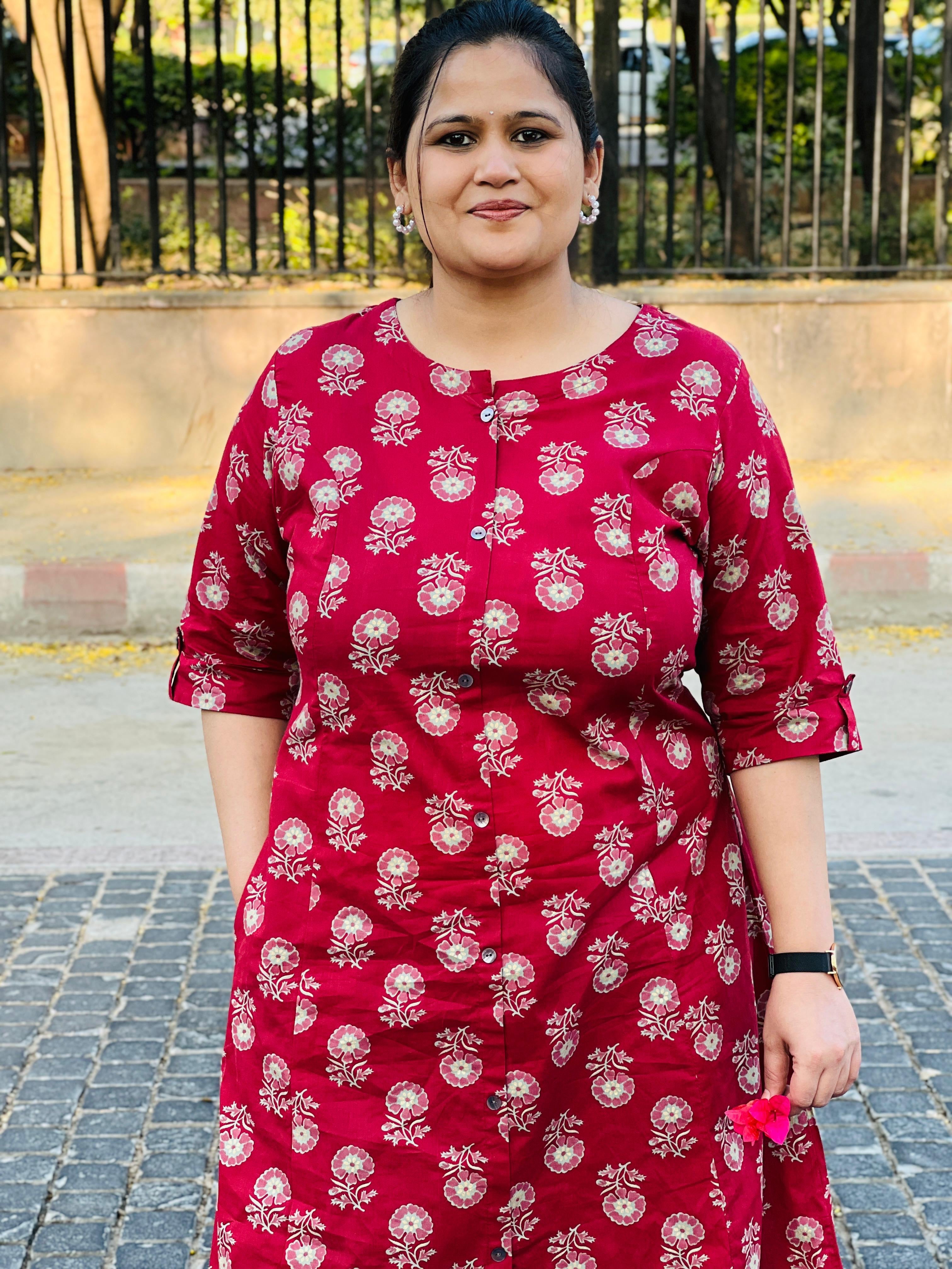 Red Printed Cotton A-Line Kurta