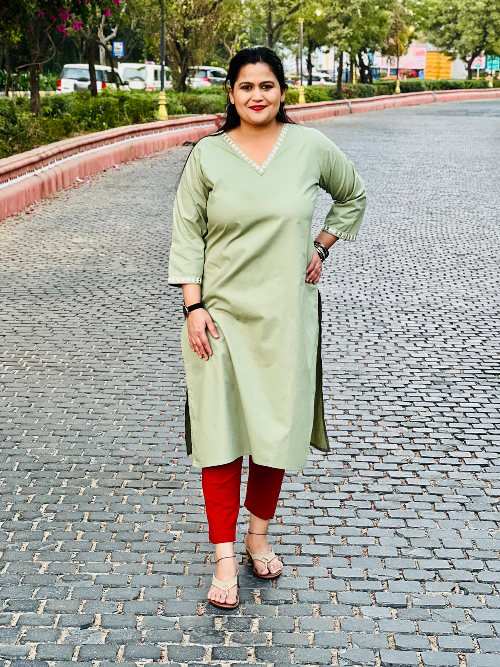 Sage Premium Cotton V- Neck Kurta with Lace
