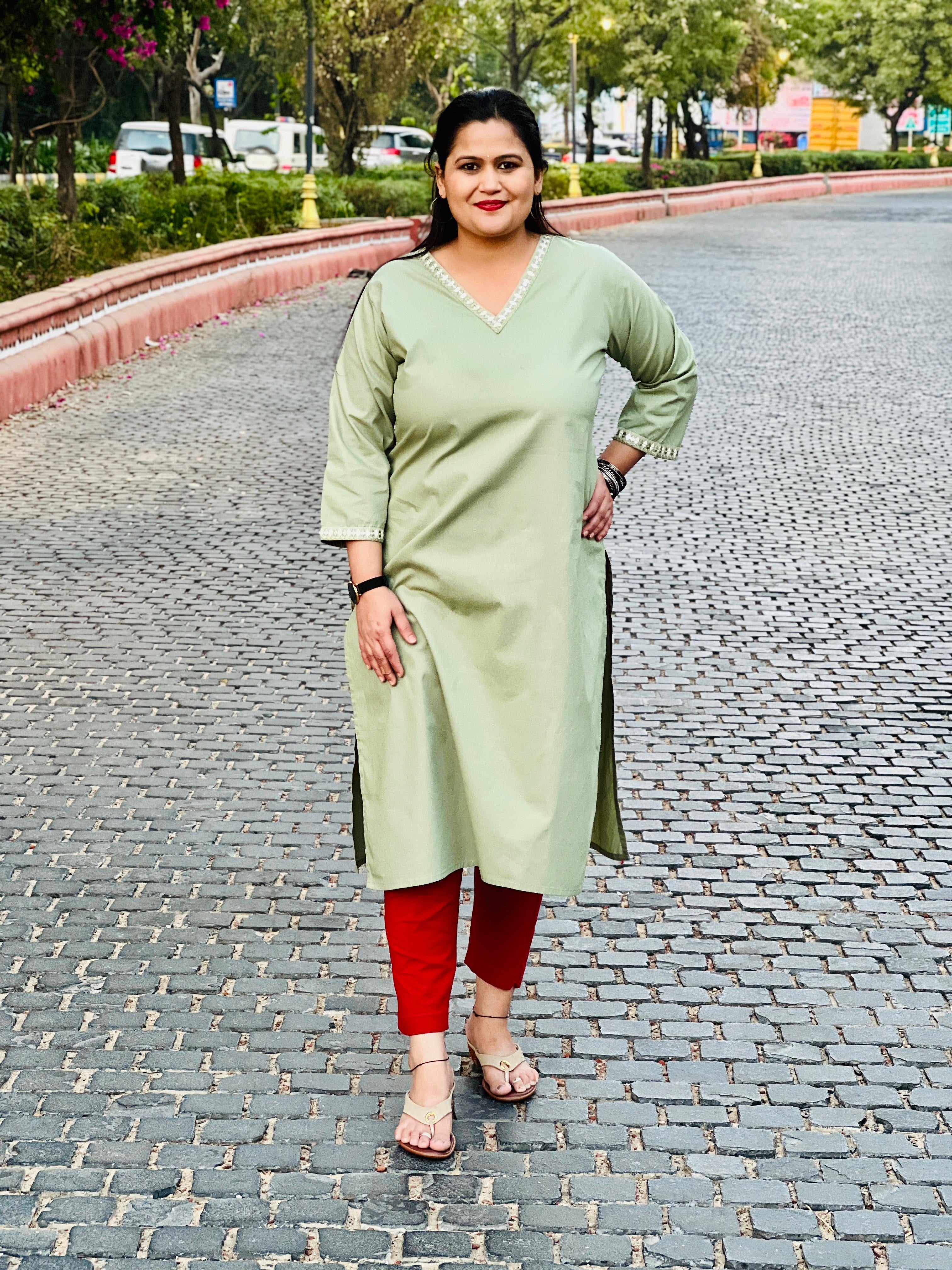 Sage Premium Cotton V- Neck Kurta with Lace