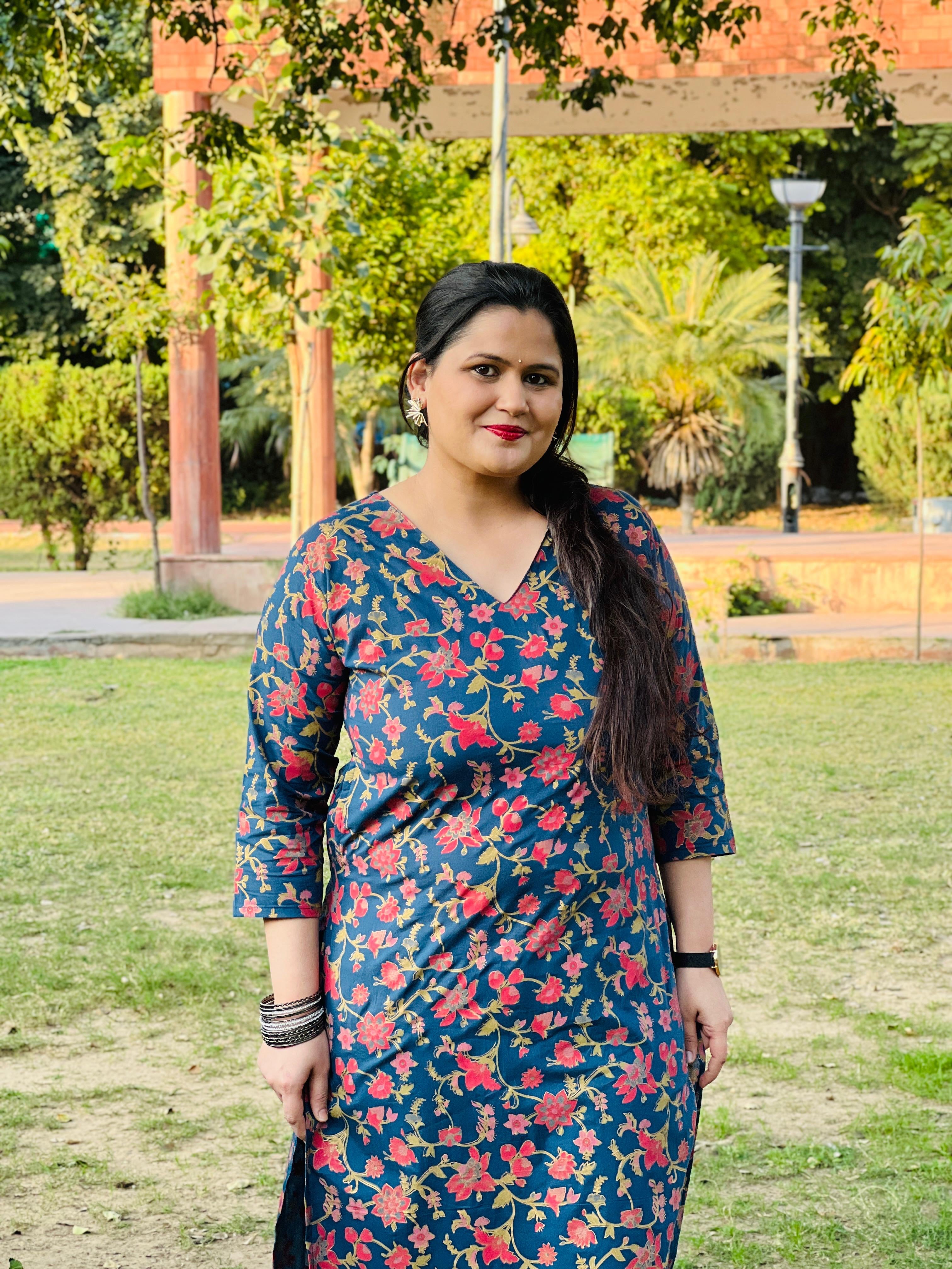 Blue V- Neck Printed Kurta