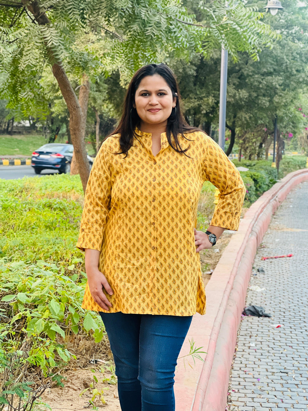 Yellow Printed Cotton Short Kurti