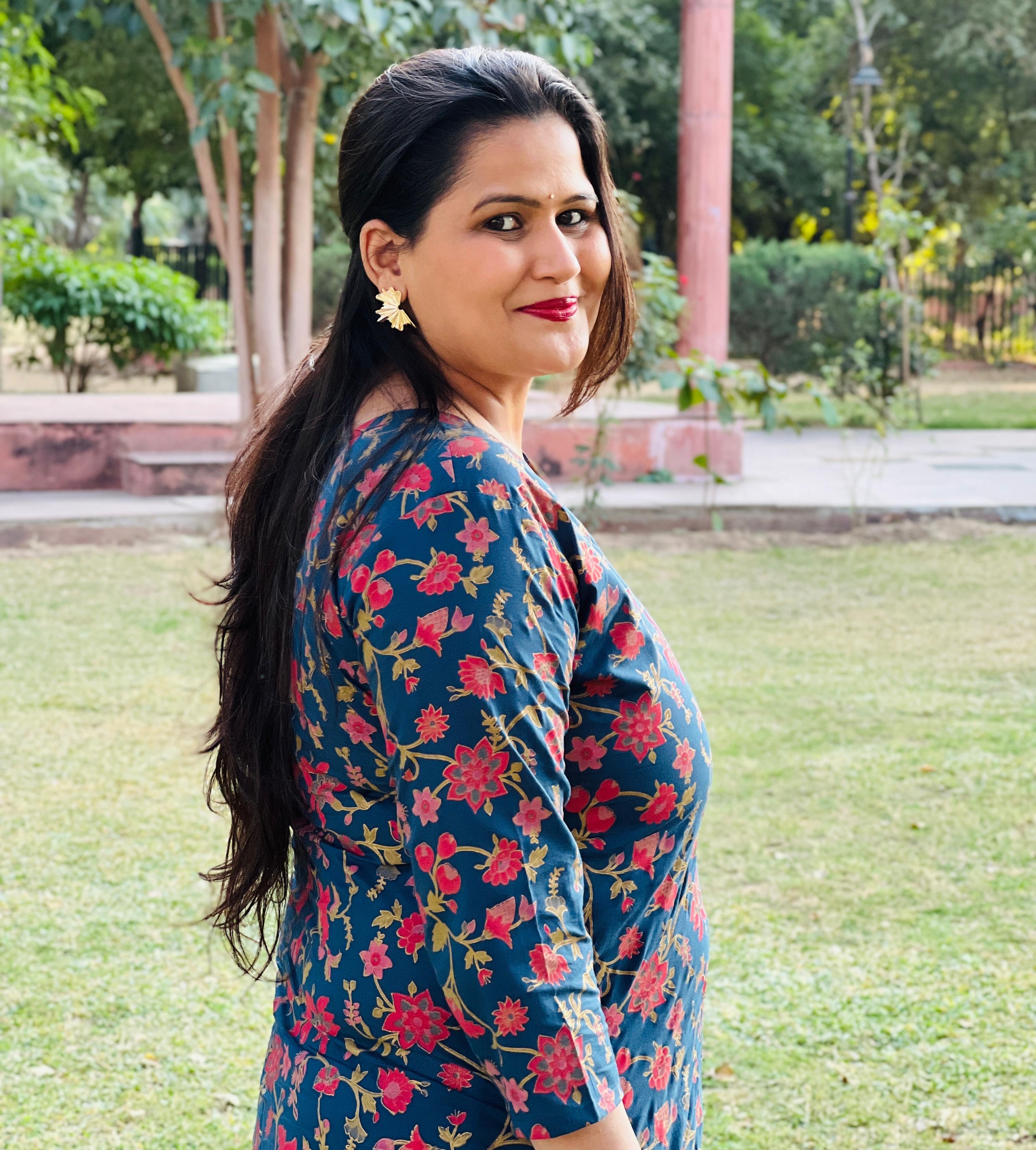 Blue V- Neck Printed Kurta