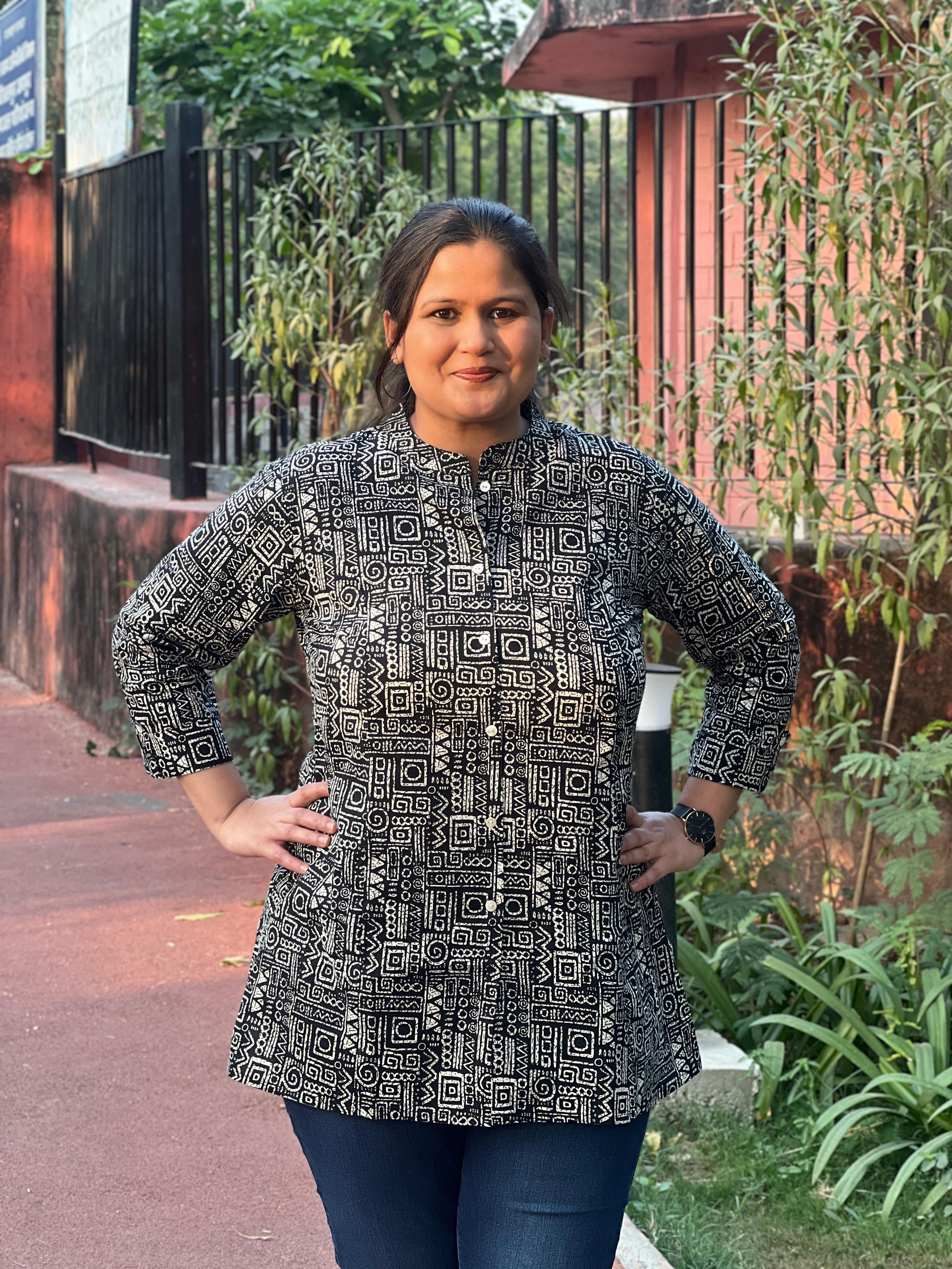 Black Printed Cotton Short Kurti