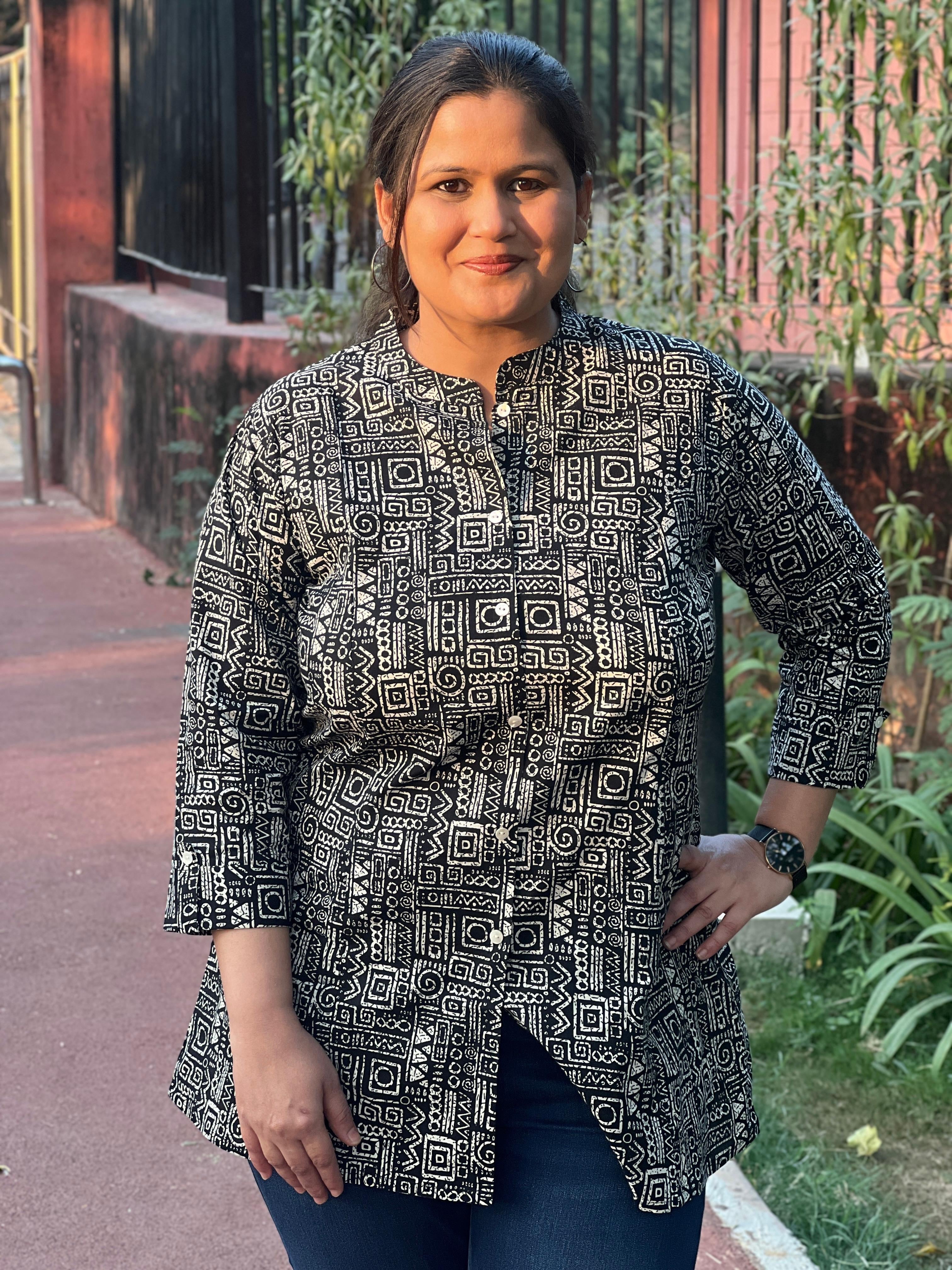 Black Printed Cotton Short Kurti
