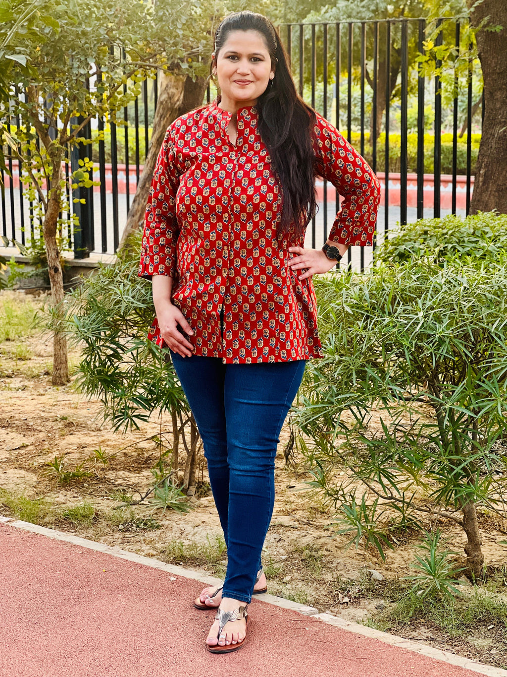 Red Printed Cotton Short Kurti