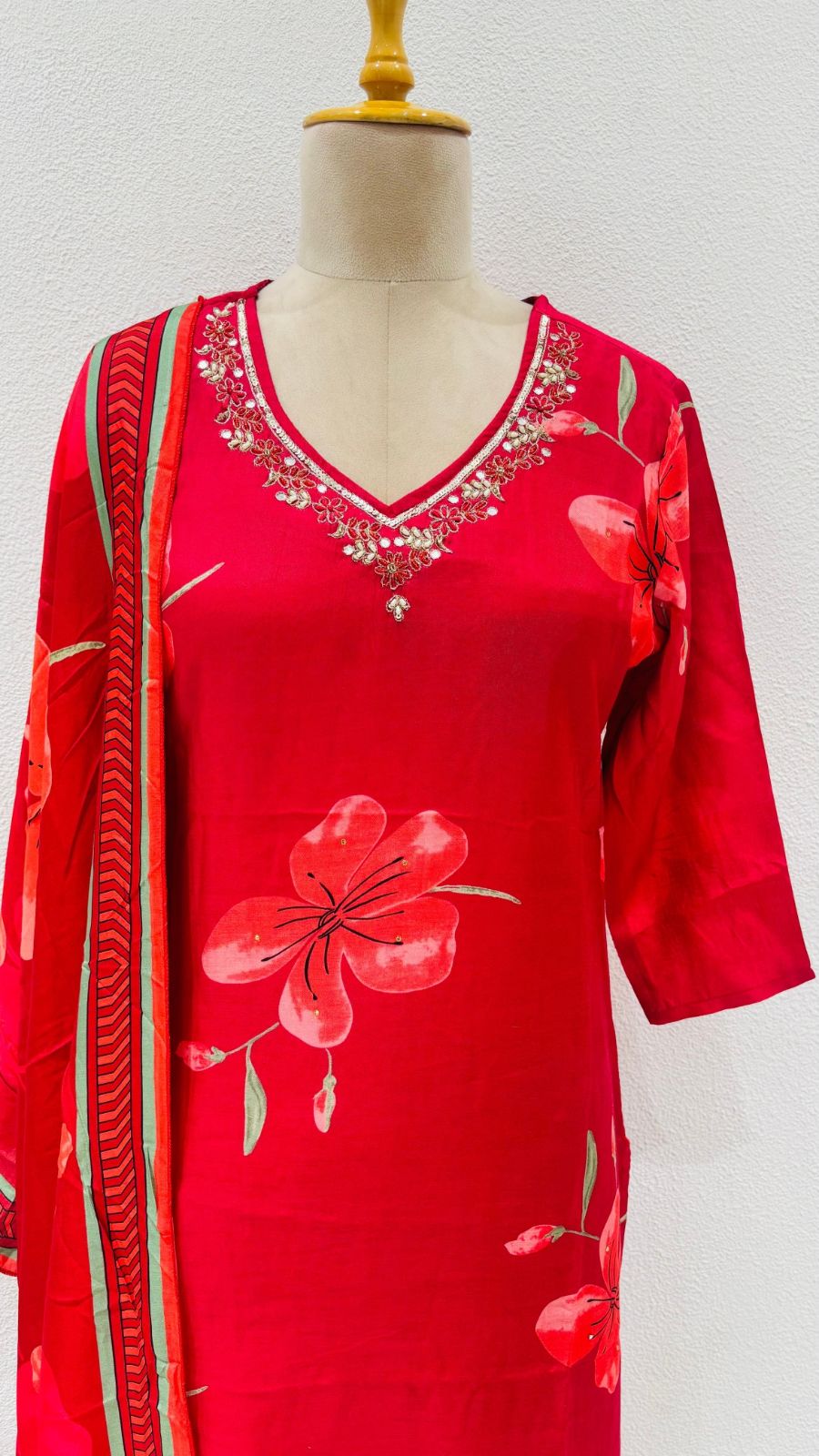 Red Muslin Embroidered Suit Set