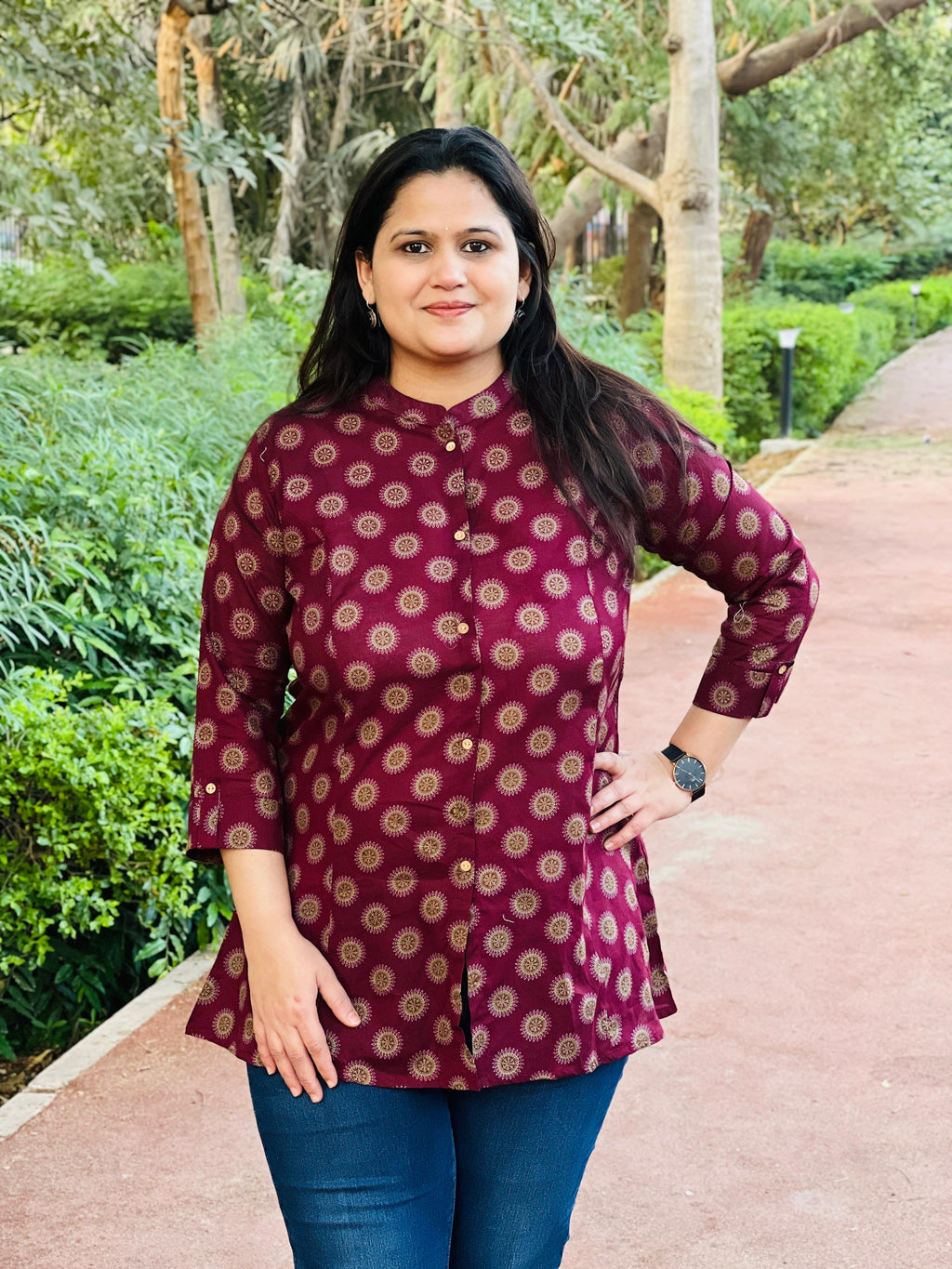 Magenta Printed Cotton Short Kurti